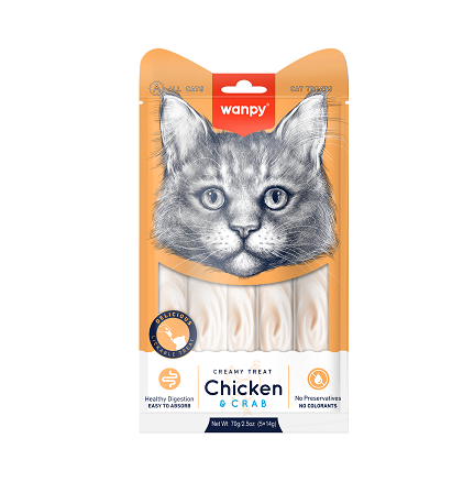 Wanpy Cat - кремообразно лакомство за котки с пилешко и раци, 5х14 г