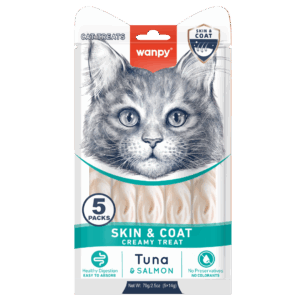 Wanpy Cat Skin&Coat  кремообразно лакомство за котки с риба тон и сьомга,  за лъскава козина, 5х14 г