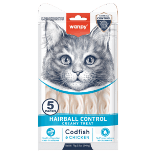 Wanpy Cat Hairball Control кремообразно лакомство за котки с риба треска и пилешко, срещу топки косми, 5х14 г