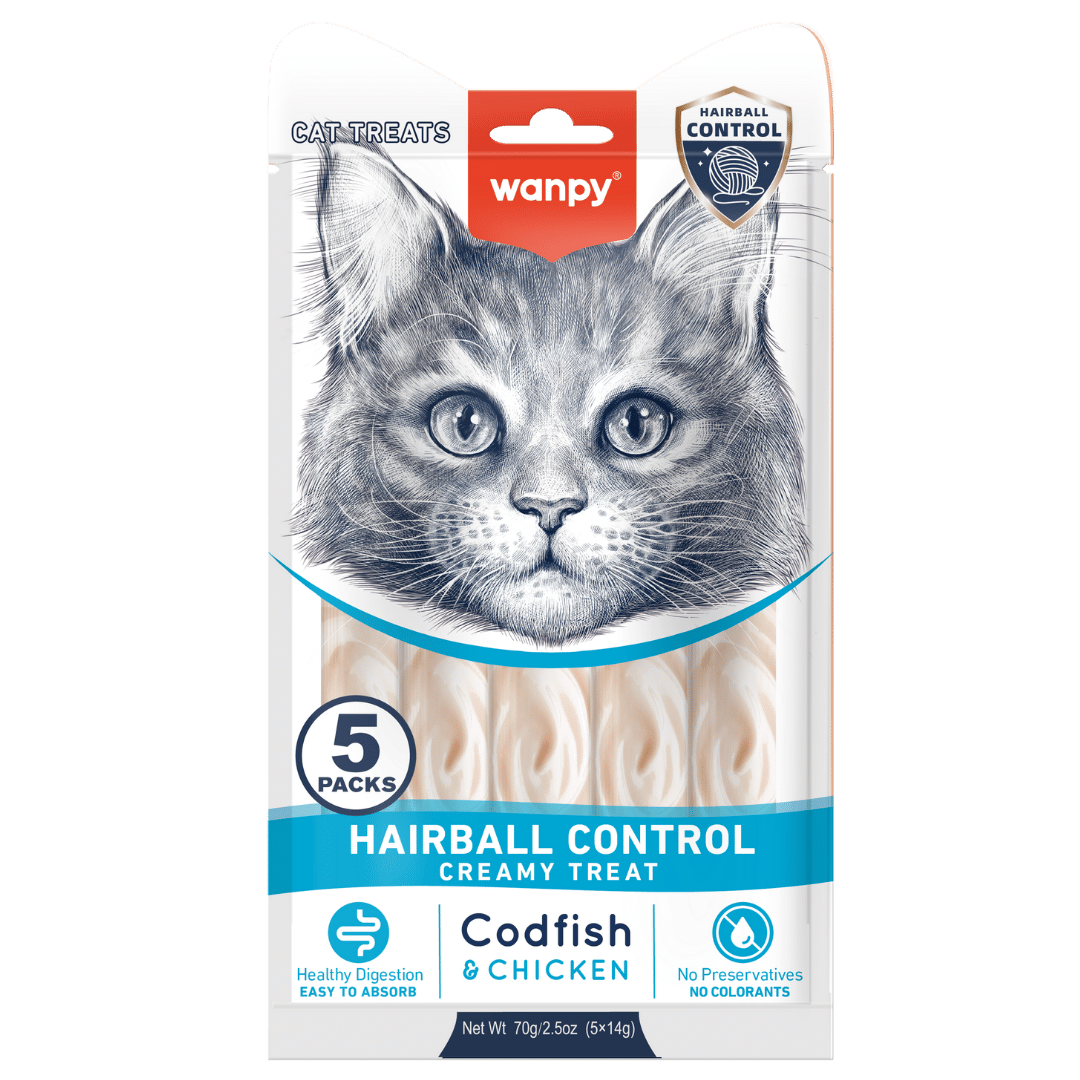 Wanpy Cat Hairball Control кремообразно лакомство за котки с риба треска и пилешко, срещу топки косми, 5х14 г