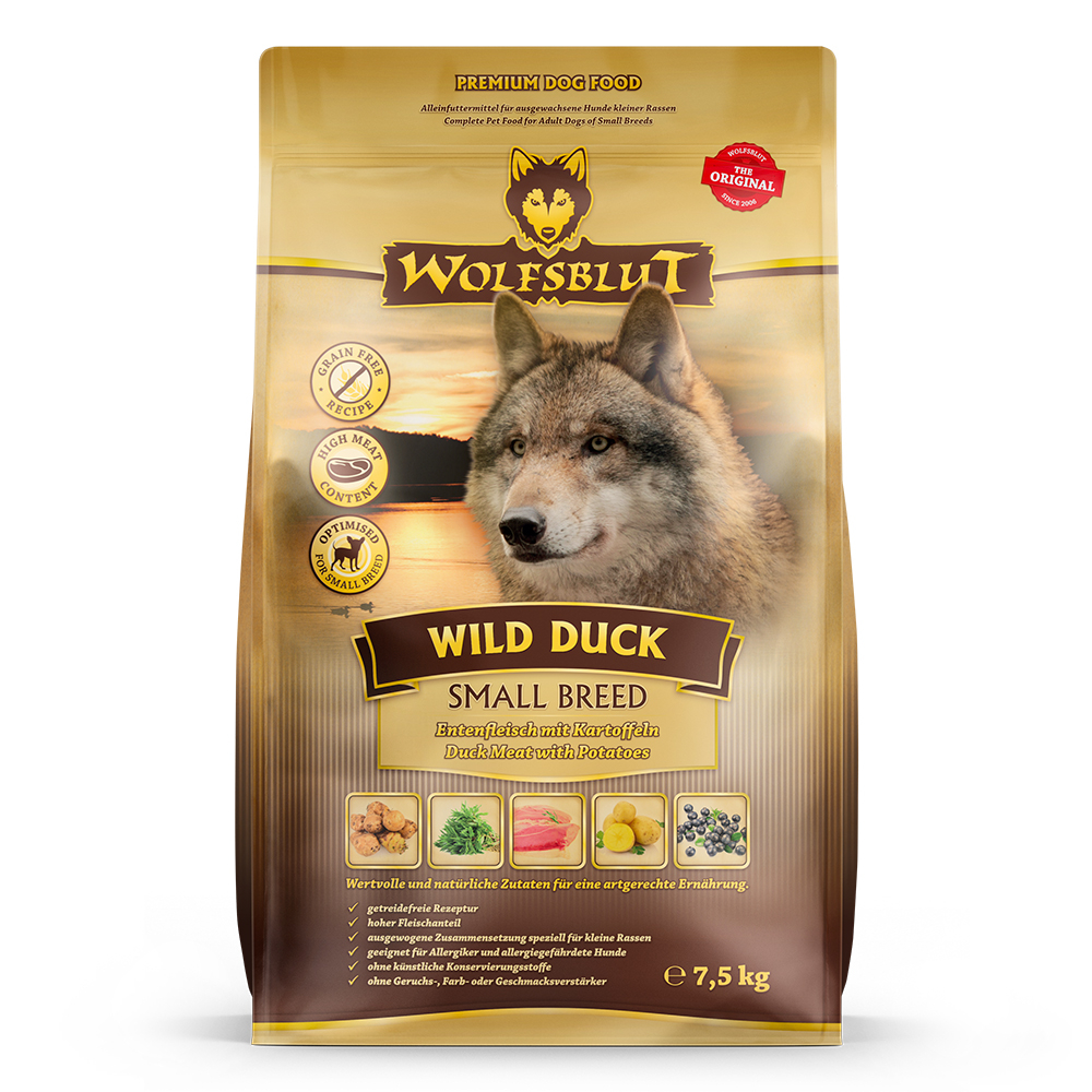 Wolfsblut Wild Duck Small Breed суха храна за кучета от дребни породи с дива патица и картофи, 7.5 кг