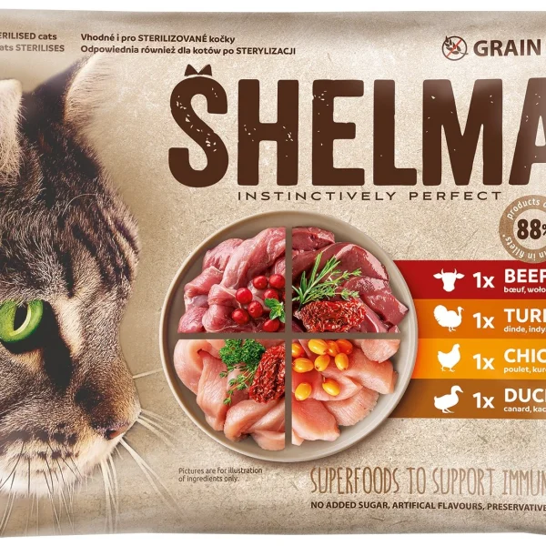 Пауч за котки SHELMA GRAIN FREE - говеждо, пуйка, пиле, патица 4x85 гр.
