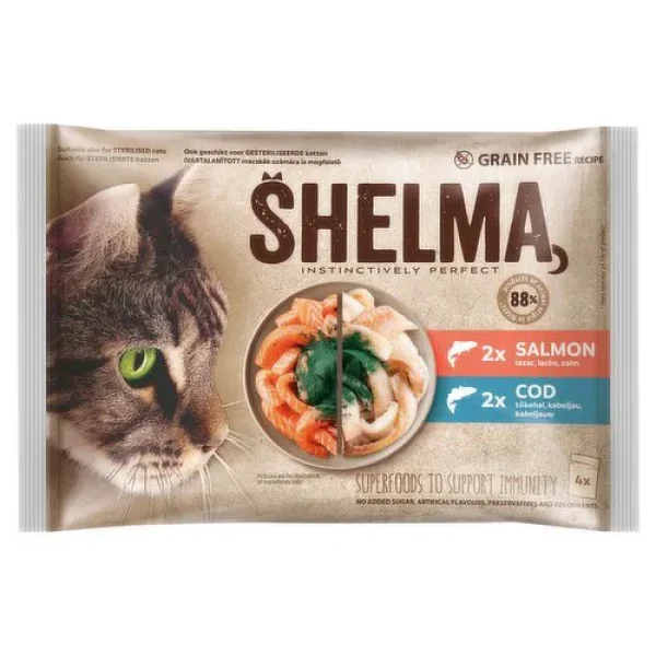 Пауч за котки SHELMA GRAIN FREE - 2 бр. сьомга и 2 бр.треска - 4x85 гр.