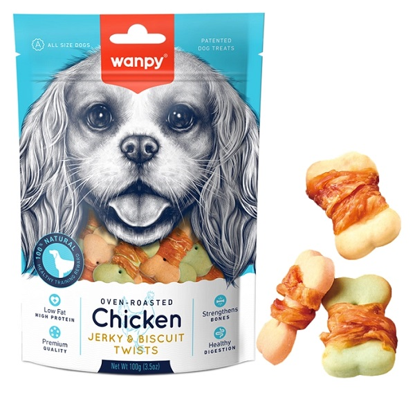 Wanpy Chicken Jerky & Biscuit Twists бисквити с пилешко филе 100 г